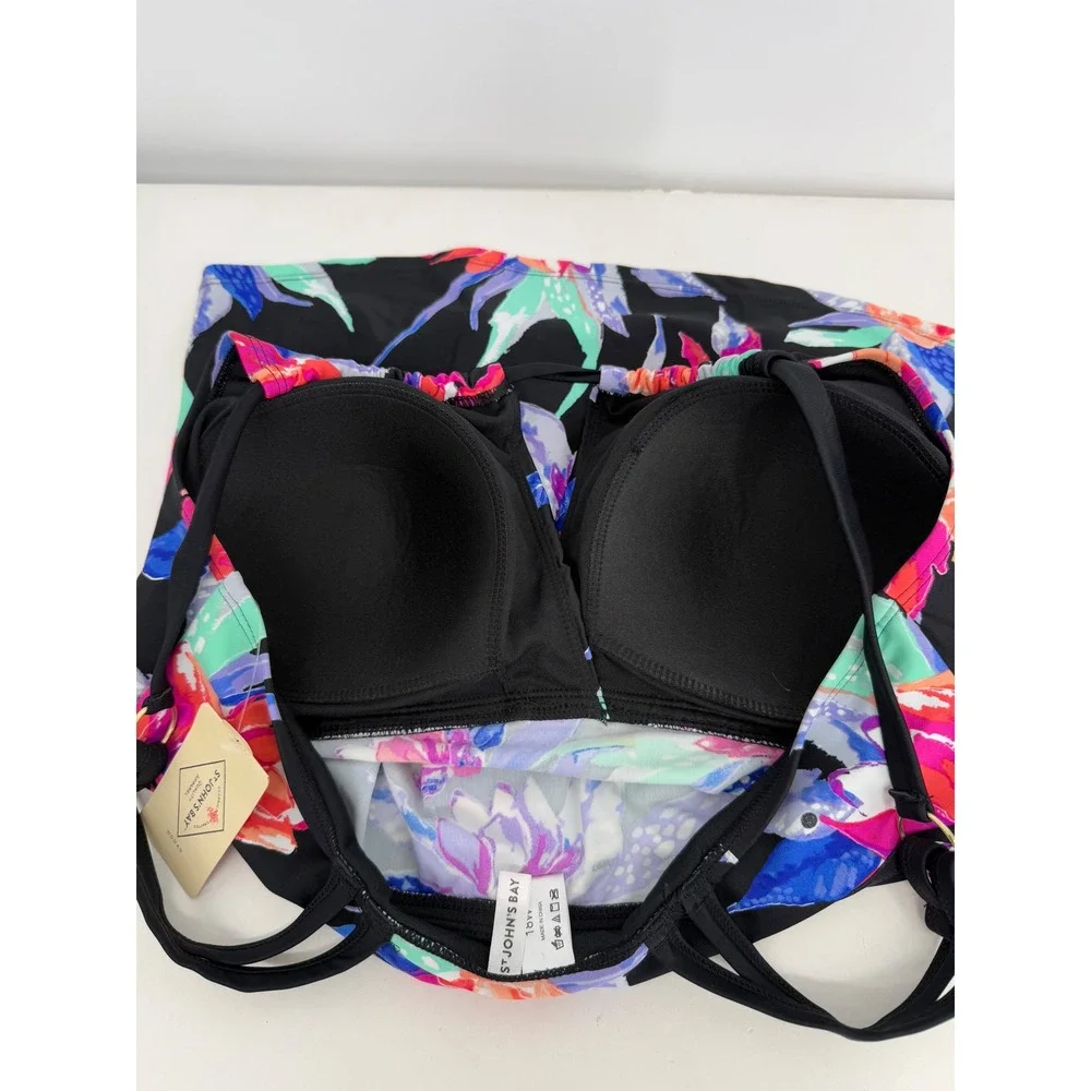 St John's Bay Sz 18W‎ Black Tropical Floral V-Neck Tankini Swim Top Women's $54
